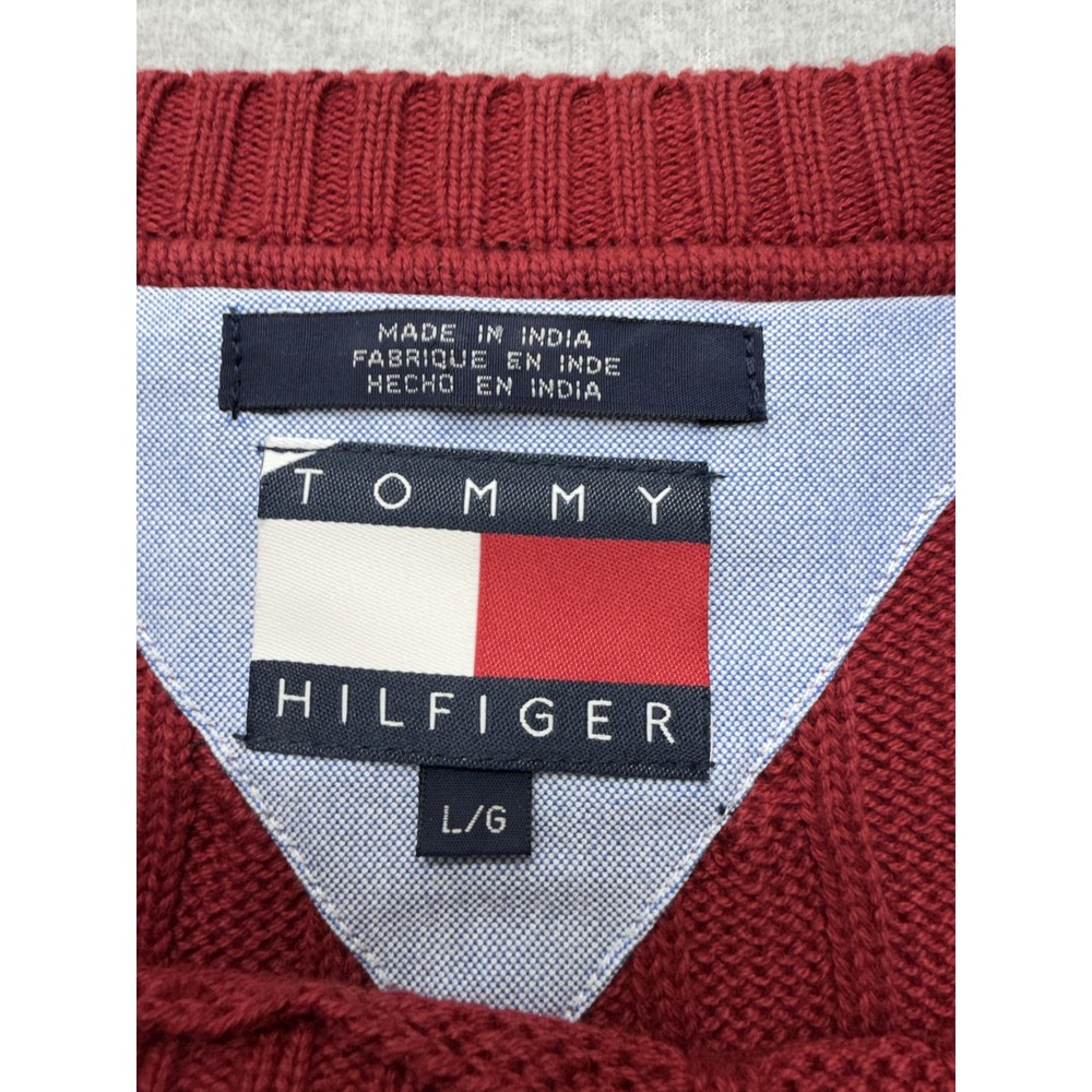 Tommy Hilfiger Sweater Mens Large Red Cable Knit Crewneck Crest Logo Pullover - Picture 3 of 7